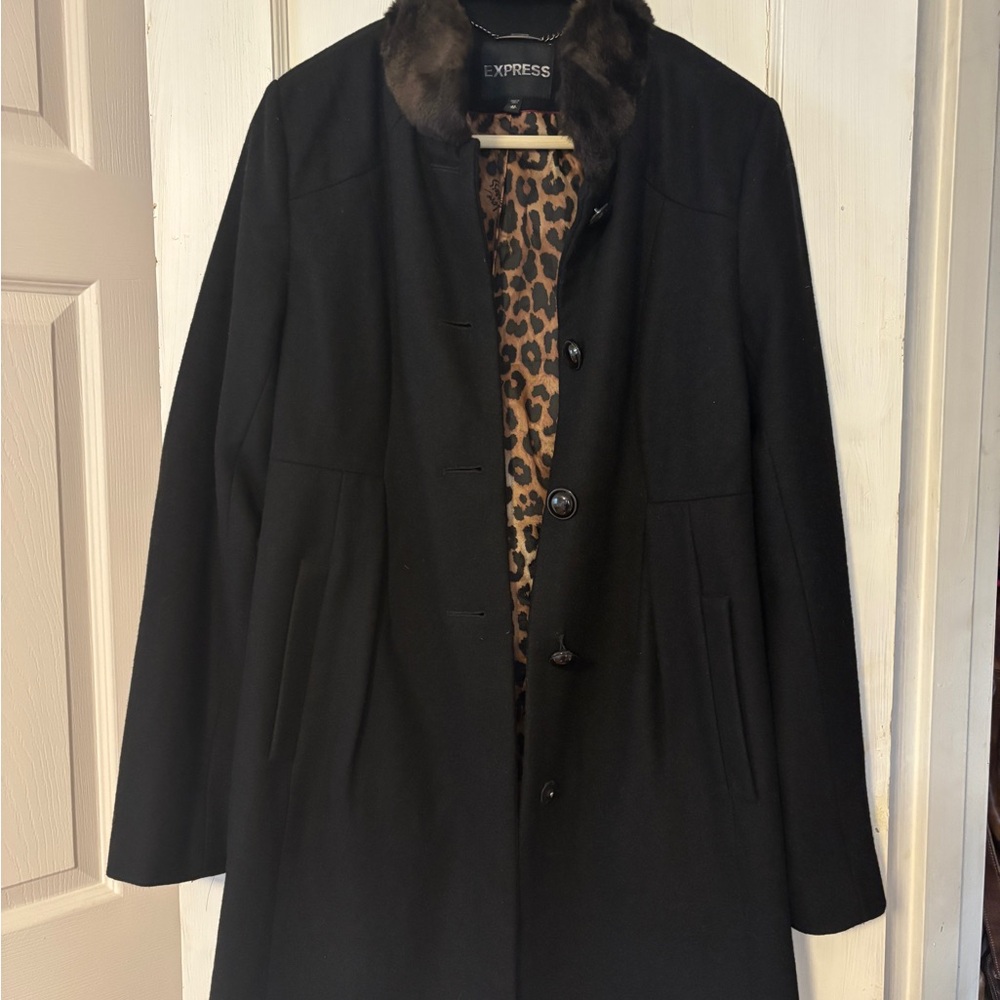 Express Women's Black Wool-mix Coat with Leopard Lining